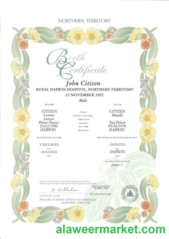 Australia Northern Territory decorative (commemorative) birth certificate template in PSD format